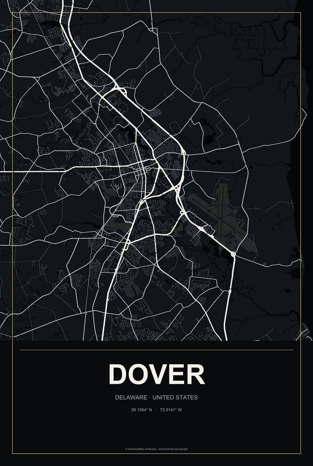 Dover, Delaware City Map Aluminum Sign in Metropolitan Noir style