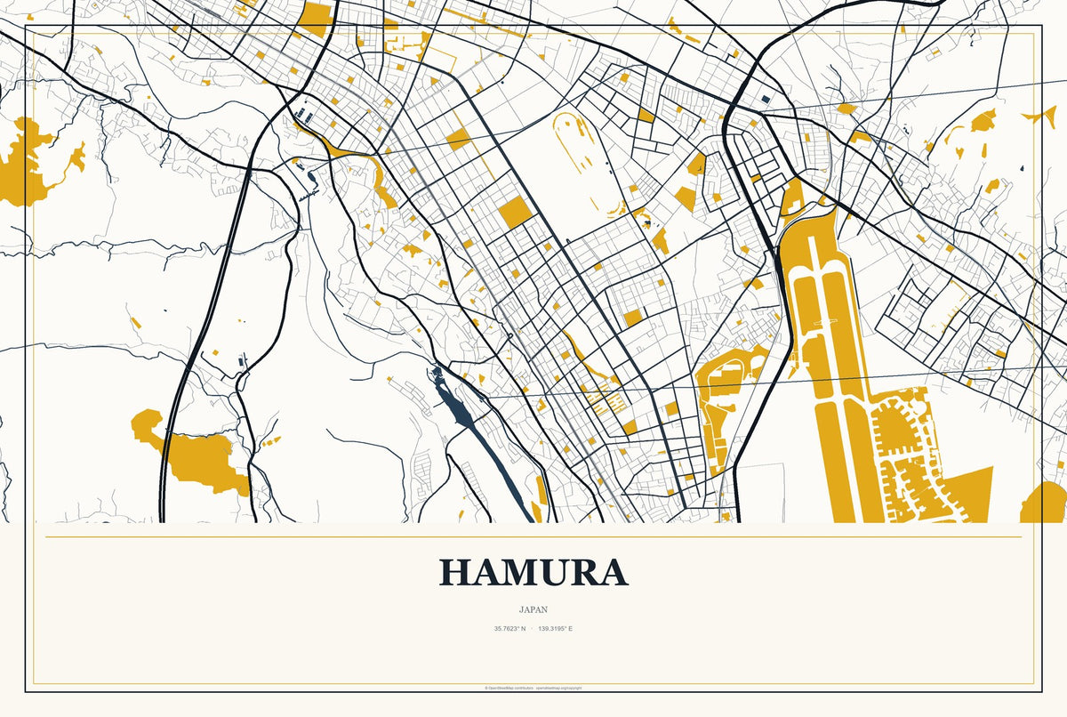 Hamura, Japan City Map Aluminum Sign in Citrine Modern style