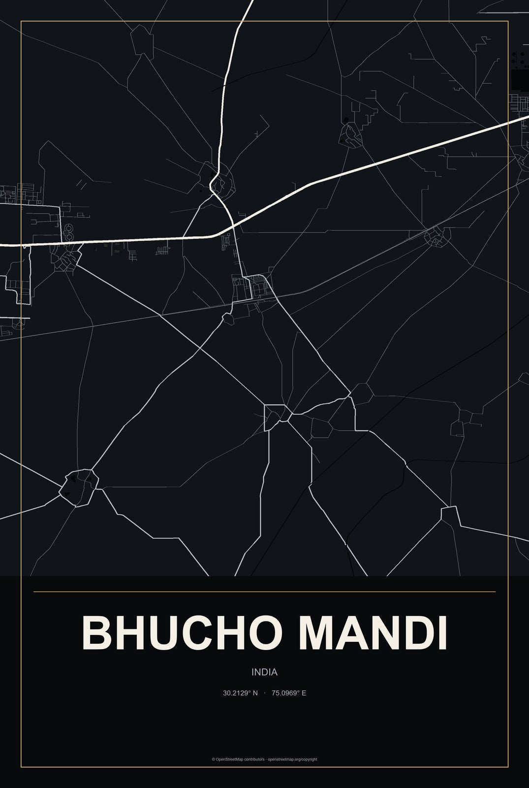Bhucho Mandi, India City Map Aluminum Sign in Metropolitan Noir style