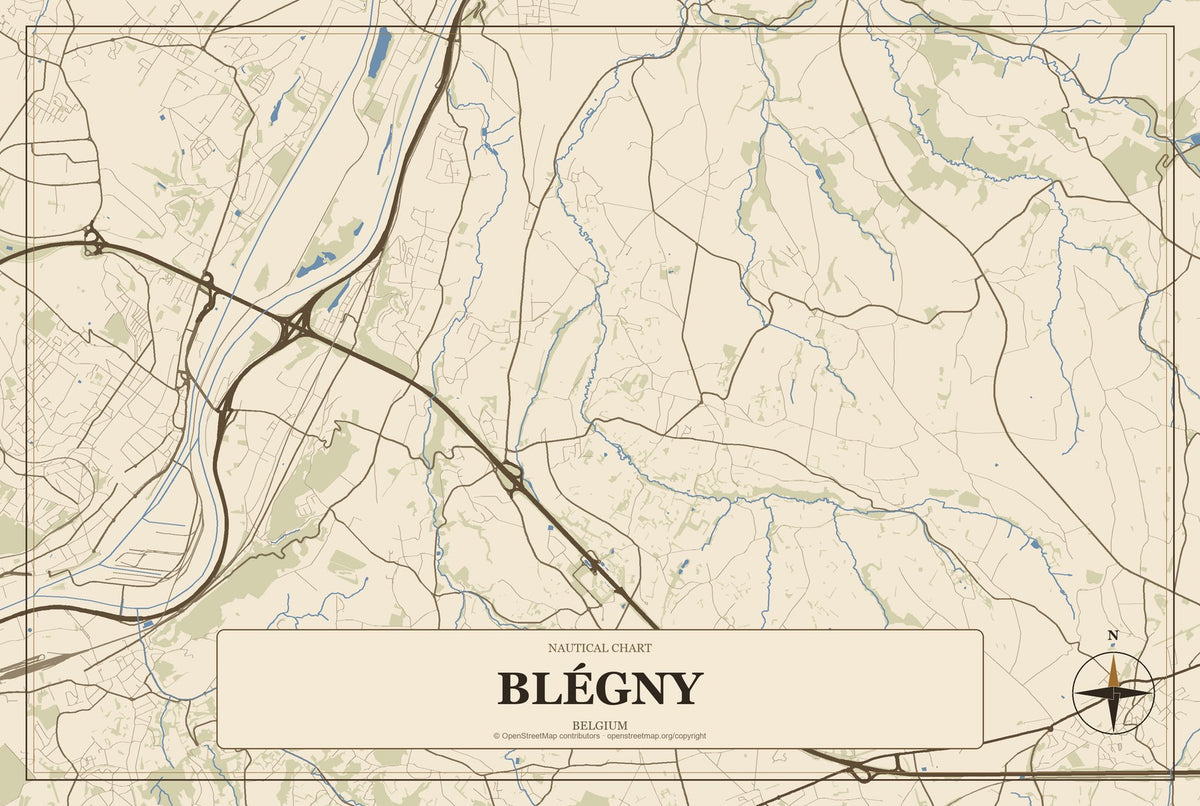 Blégny, Belgium City Map Aluminum Sign in Heritage Nautical style