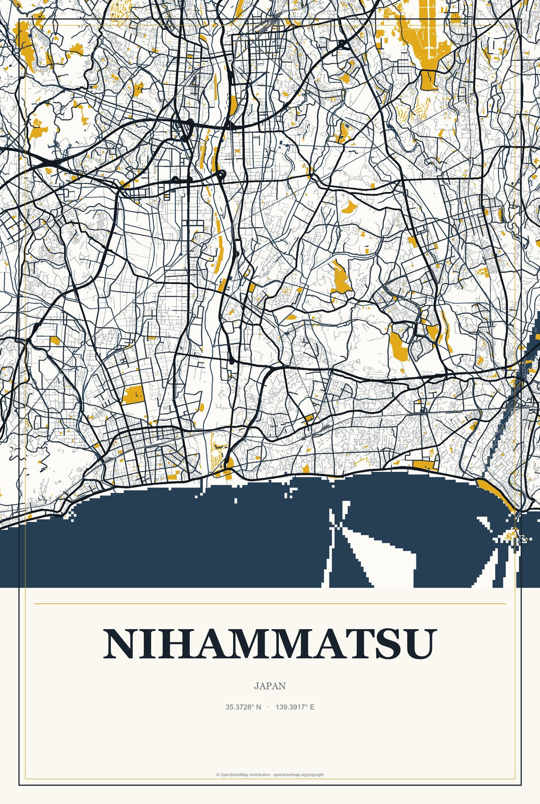 Nihammatsu, Japan City Map Aluminum Sign in Citrine Modern style