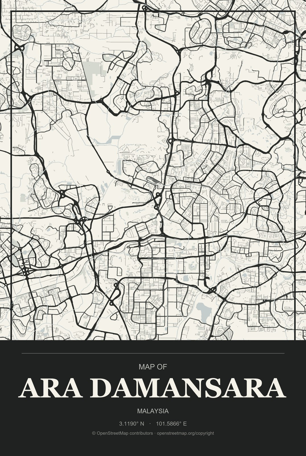 Ara Damansara, Malaysia City Map Aluminum Sign in Museum Plaque style