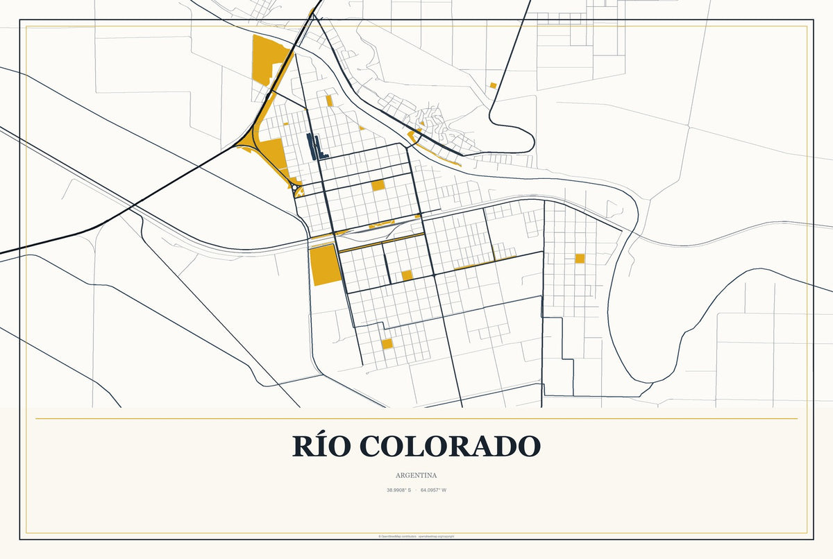 Río Colorado, Argentina City Map Aluminum Sign in Citrine Modern style