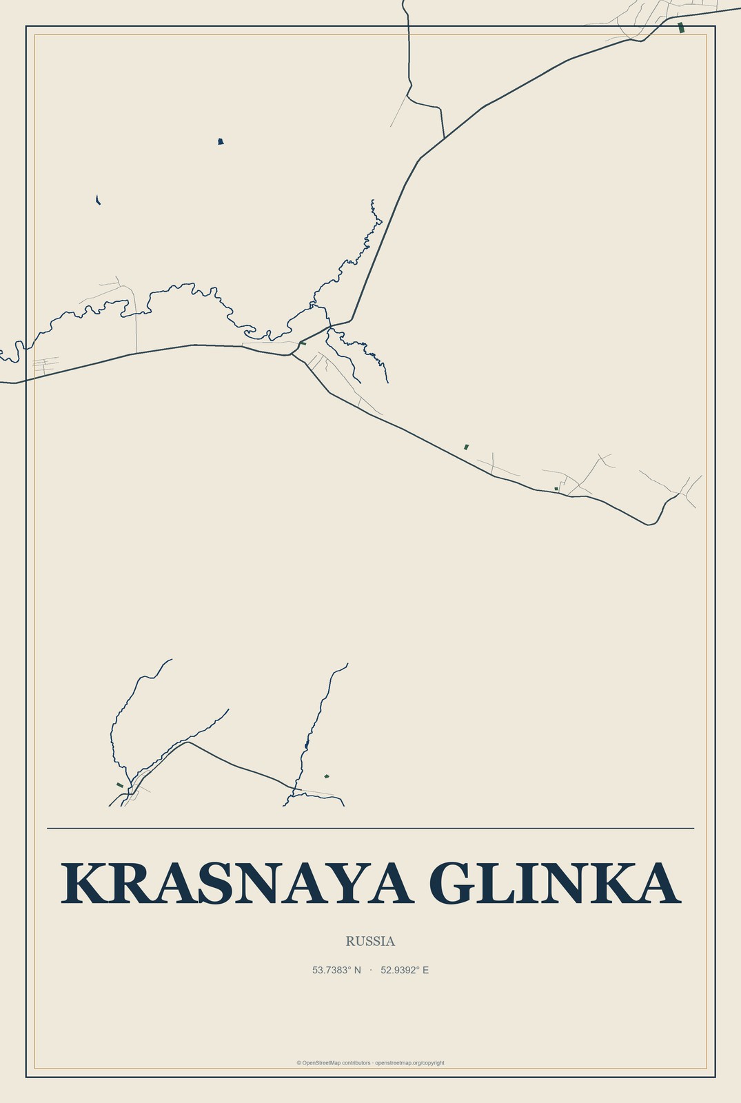 Krasnaya Glinka, Russia City Map Aluminum Sign in Coastal Cutout style