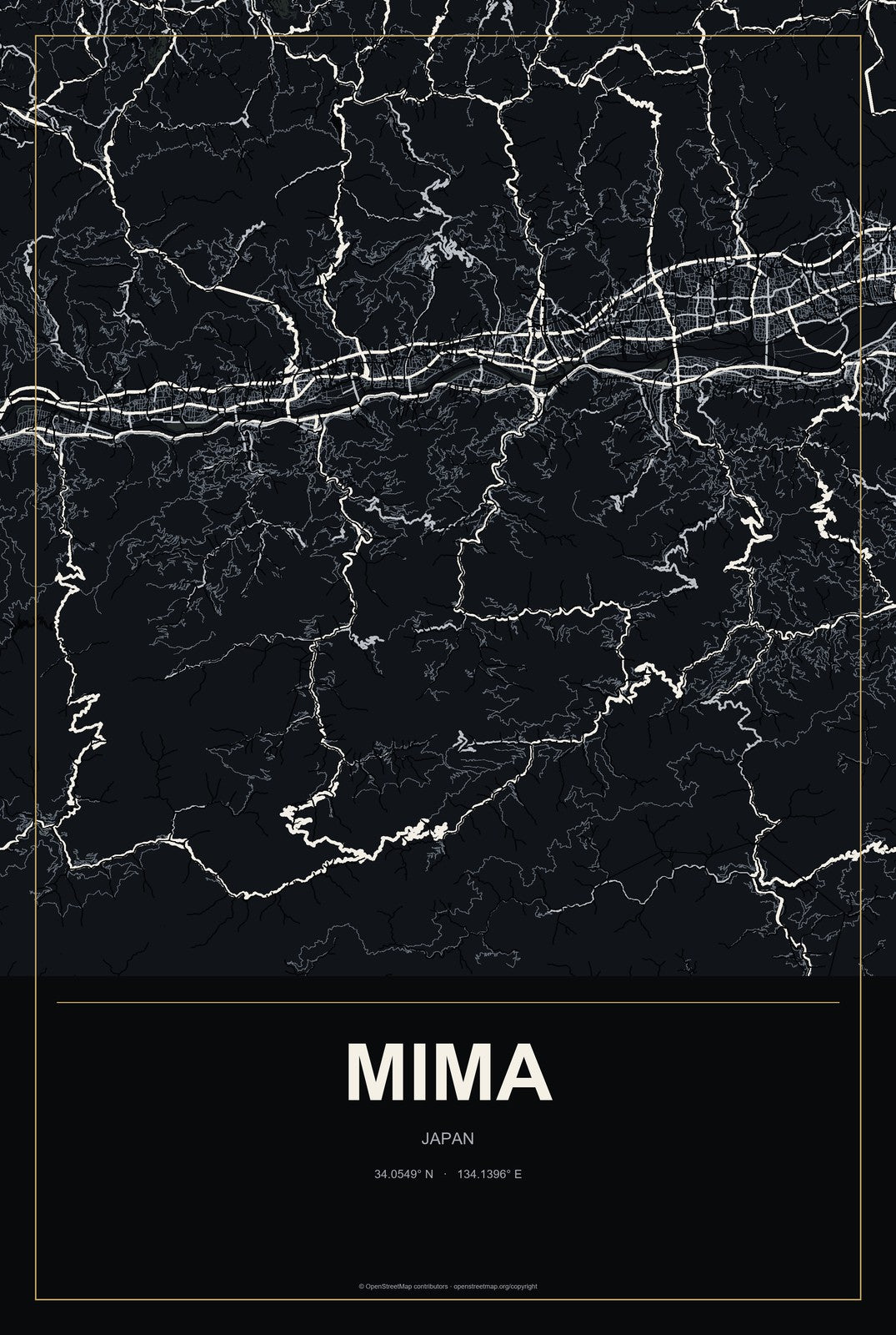 Mima, Japan City Map Aluminum Sign in Metropolitan Noir style
