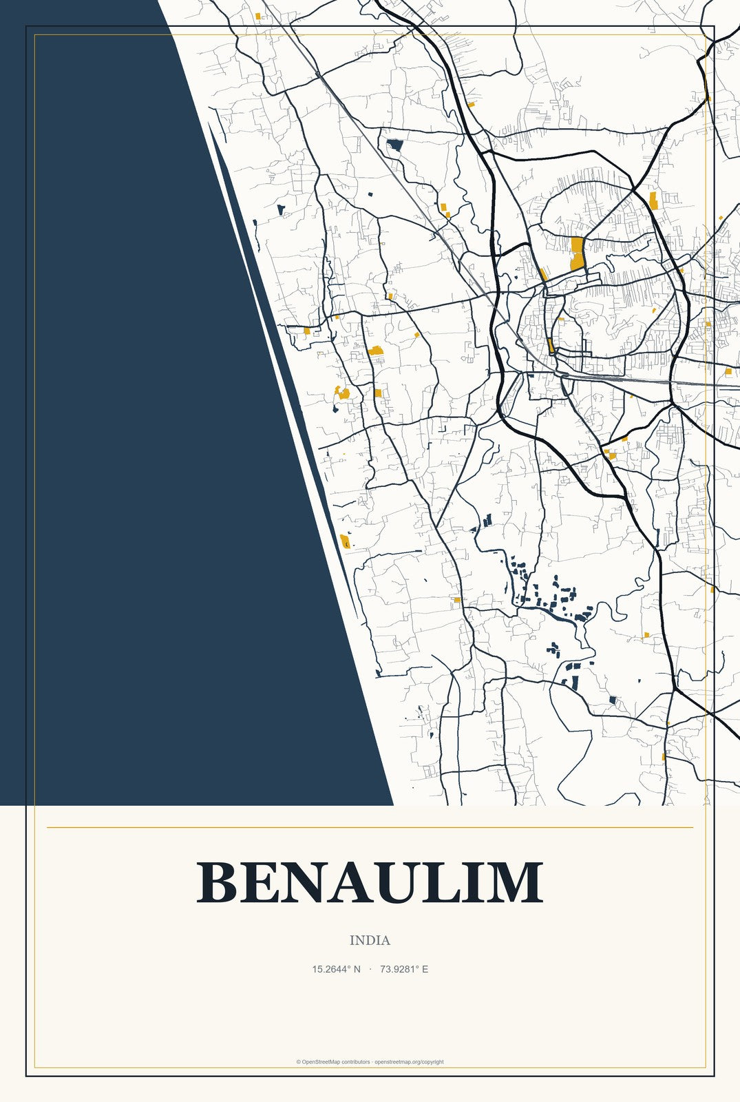 Benaulim, India City Map Aluminum Sign in Citrine Modern style