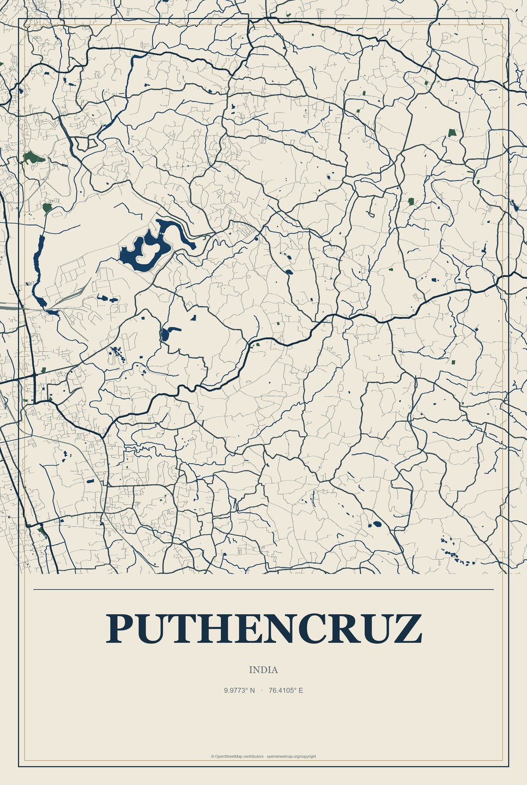 Puthencruz, India City Map Aluminum Sign in Coastal Cutout style