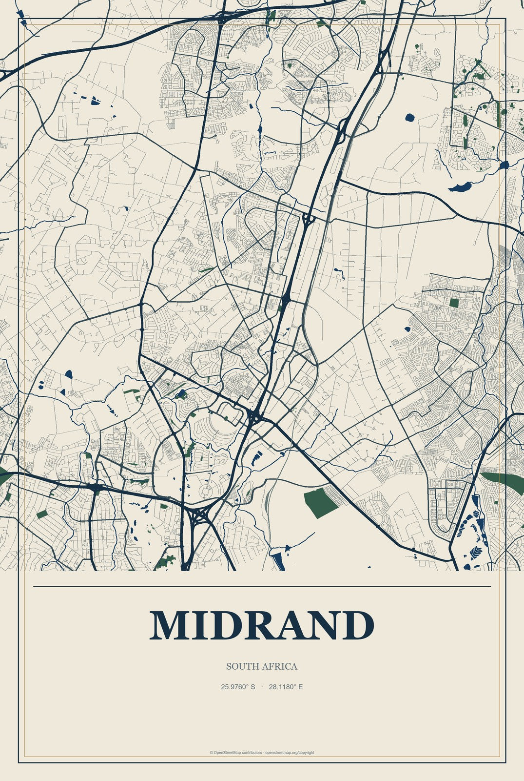 Midrand, South Africa City Map Aluminum Sign in Coastal Cutout style