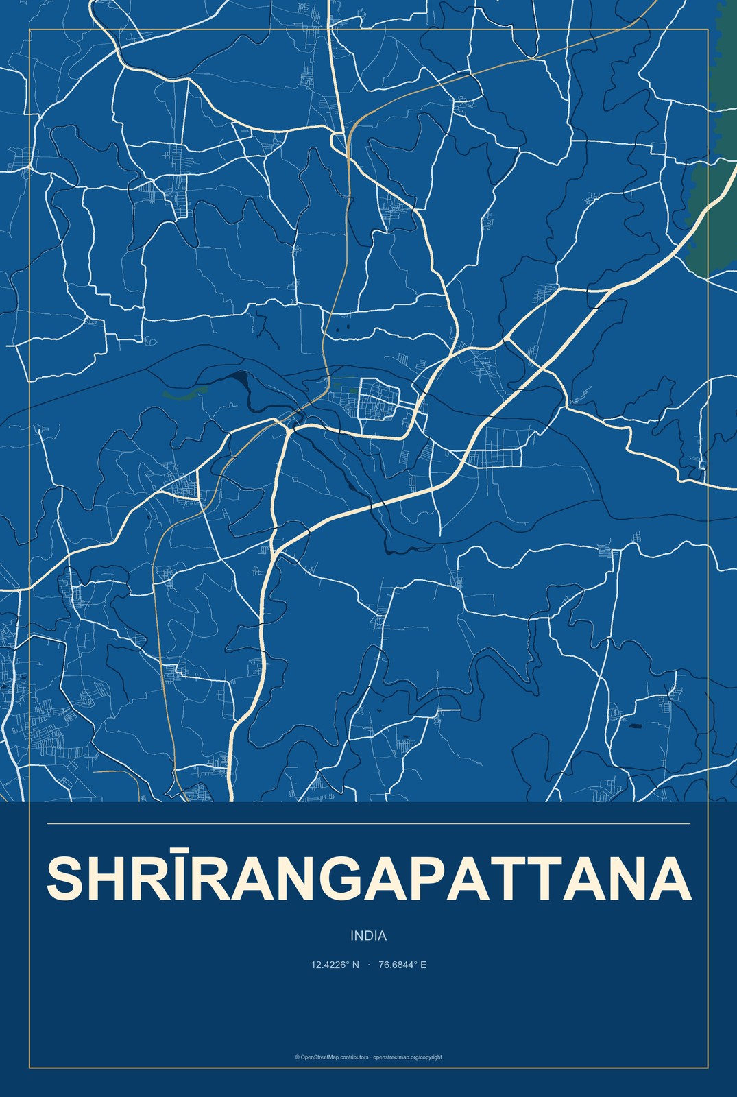 Shrīrangapattana, India City Map Aluminum Sign in Harbor Cobalt style