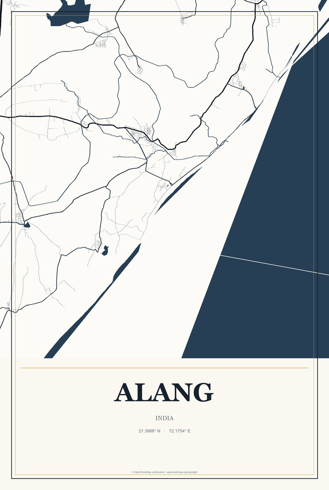 Alang, India City Map Aluminum Sign in Citrine Modern style