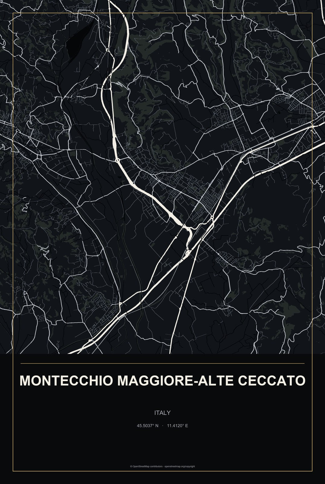 Montecchio Maggiore-Alte Ceccato, Italy City Map Aluminum Sign in Metropolitan Noir style