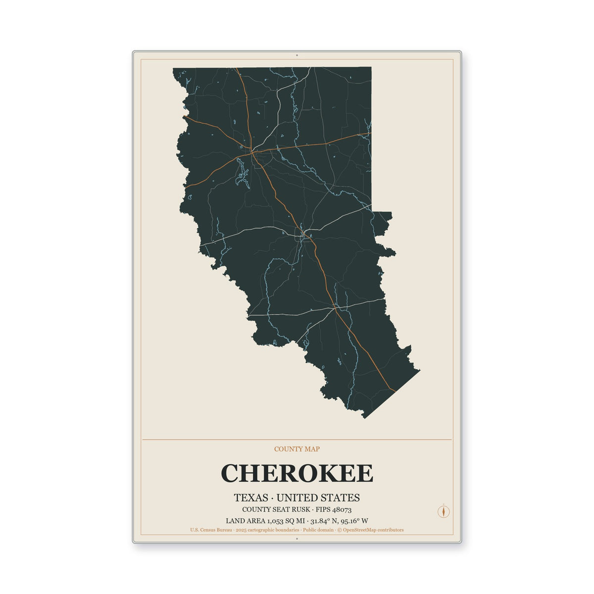 Cherokee County, Texas Map Aluminum Sign in Headline Atlas style
