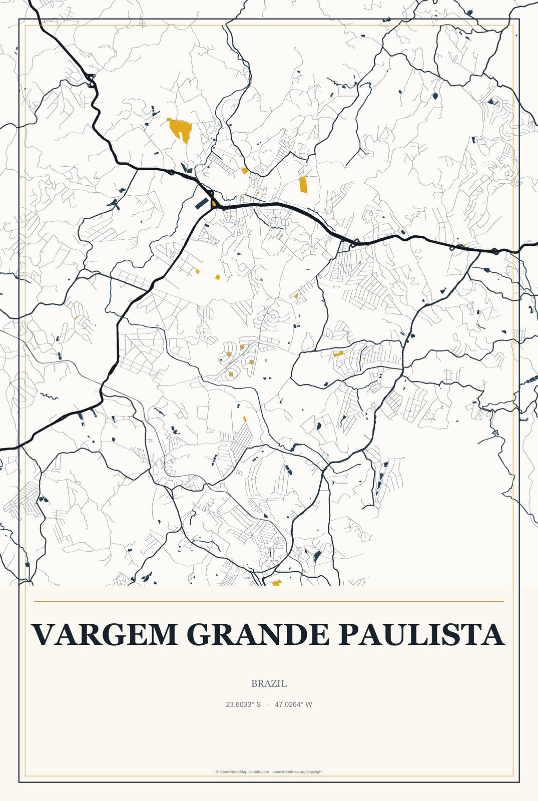 Vargem Grande Paulista, Brazil City Map Aluminum Sign in Citrine Modern style