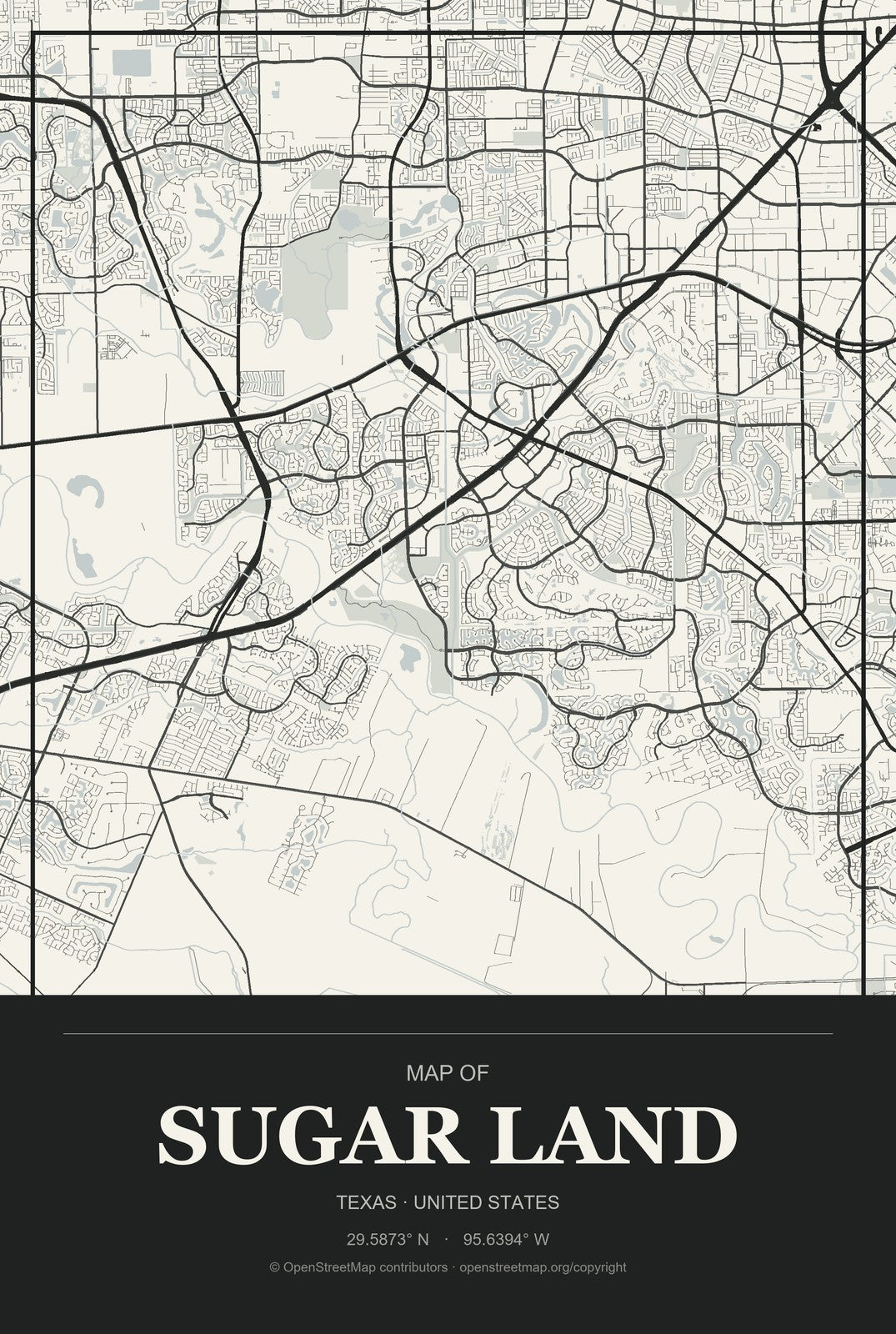 Sugar Land, Texas City Map Aluminum Sign in Museum Plaque style