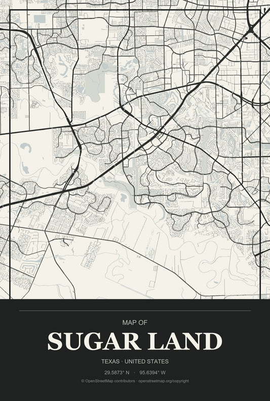 Sugar Land, Texas City Map Aluminum Sign in Museum Plaque style