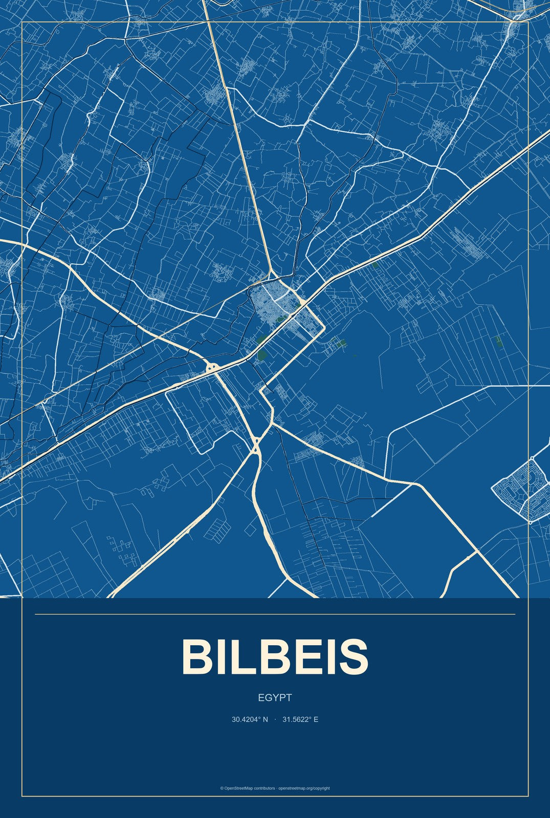 Bilbeis, Egypt City Map Aluminum Sign in Harbor Cobalt style