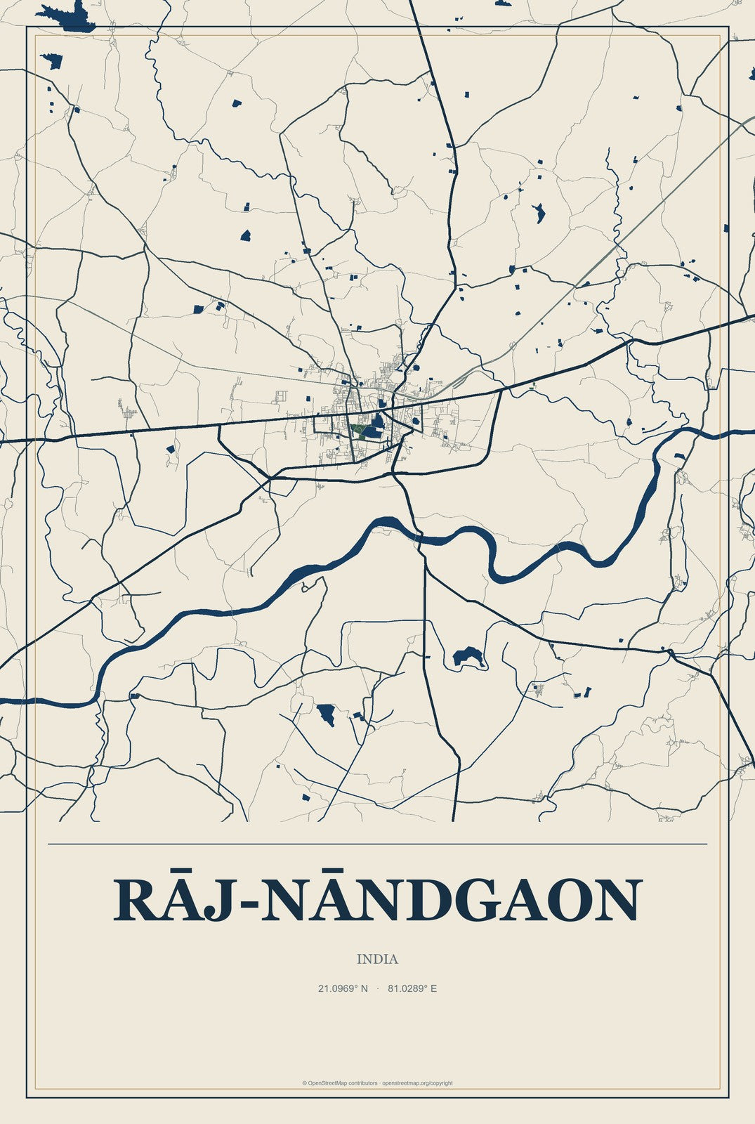 Rāj-Nāndgaon, India City Map Aluminum Sign in Coastal Cutout style