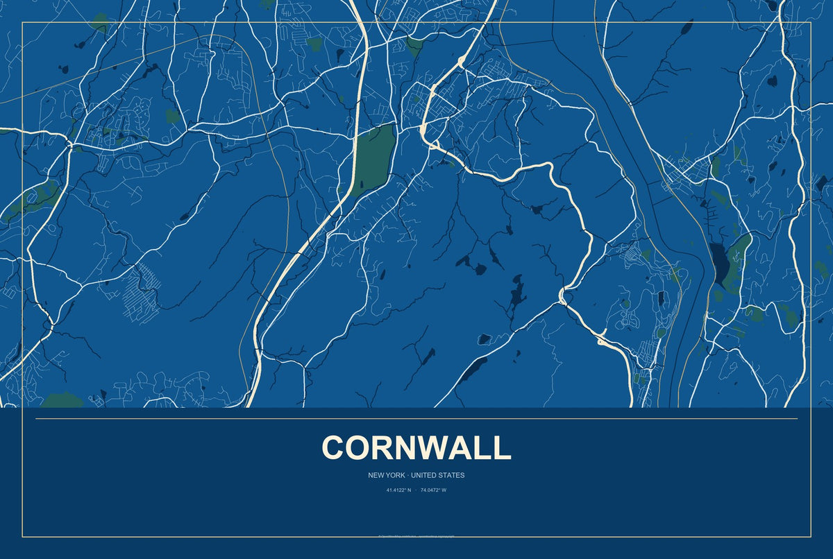 Cornwall, New York City Map Aluminum Sign in Harbor Cobalt style
