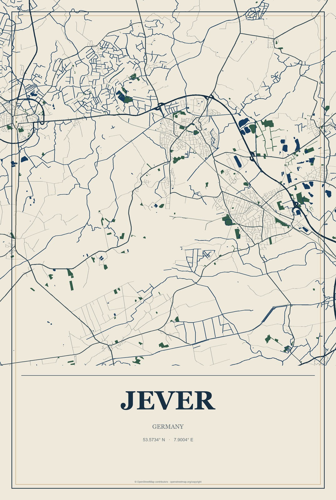 Jever, Germany City Map Aluminum Sign in Coastal Cutout style