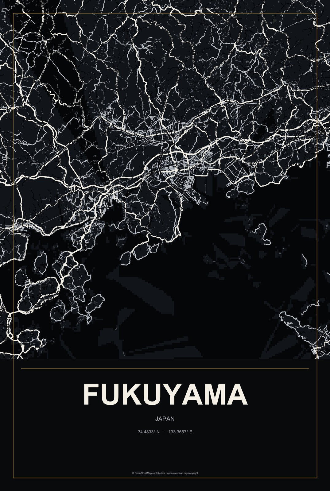 Fukuyama, Japan City Map Aluminum Sign in Metropolitan Noir style