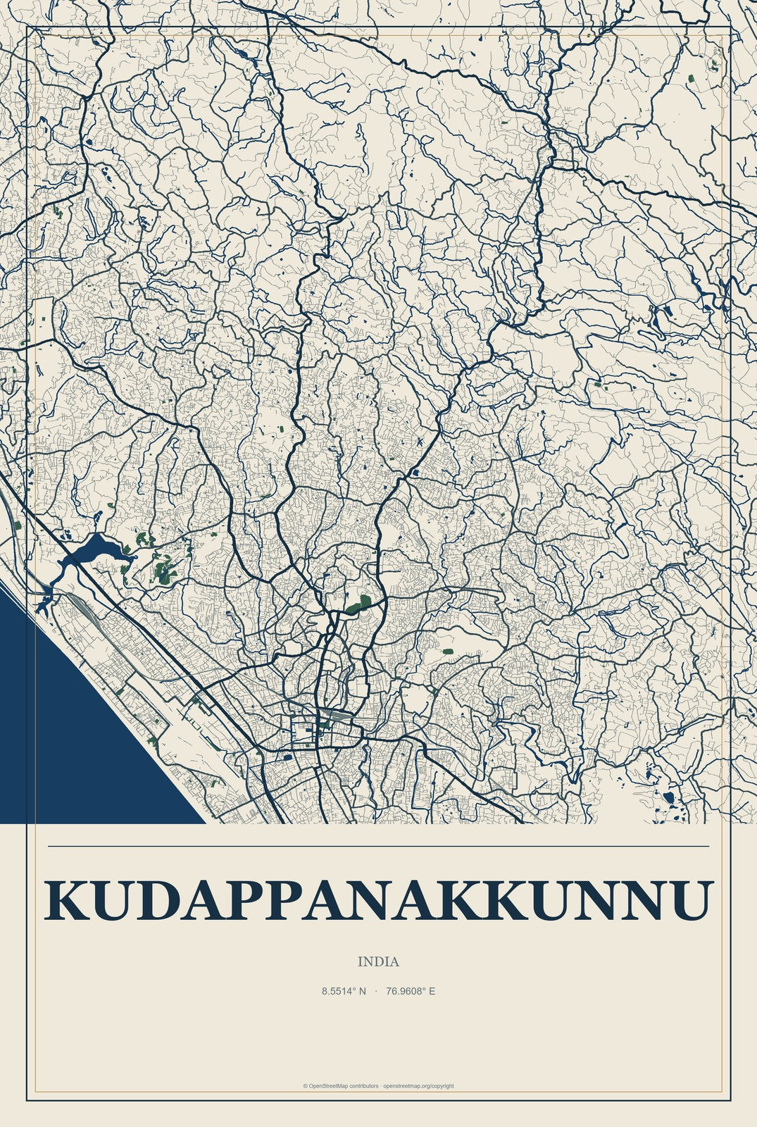 Kudappanakkunnu, India City Map Aluminum Sign in Coastal Cutout style