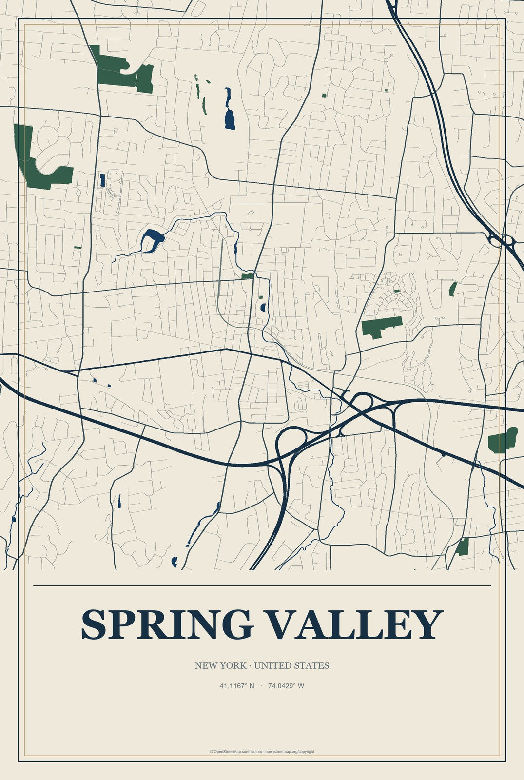 Spring Valley, New York City Map Aluminum Sign in Coastal Cutout style