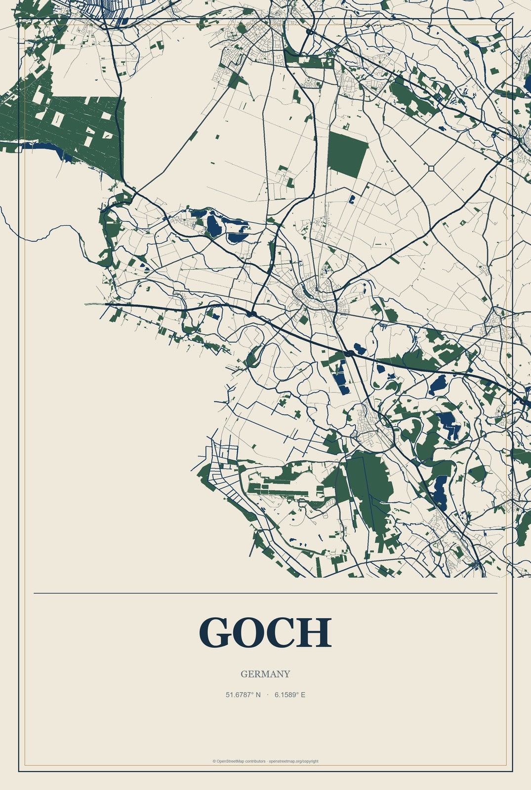 Goch, Germany City Map Aluminum Sign in Coastal Cutout style