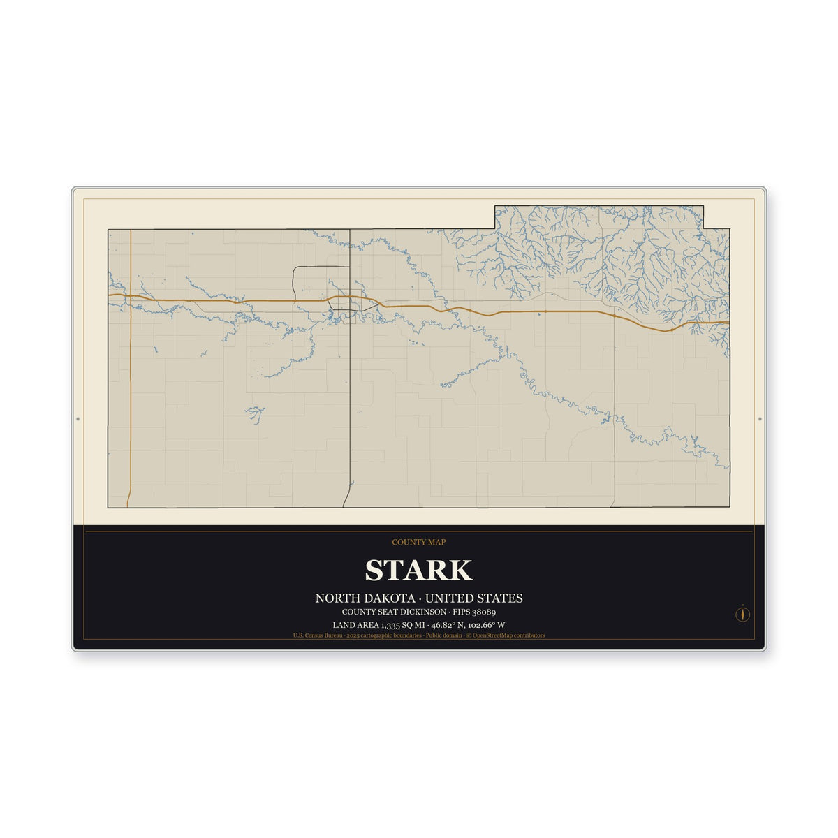 Stark County, North Dakota Map Aluminum Sign in Museum Plaque style