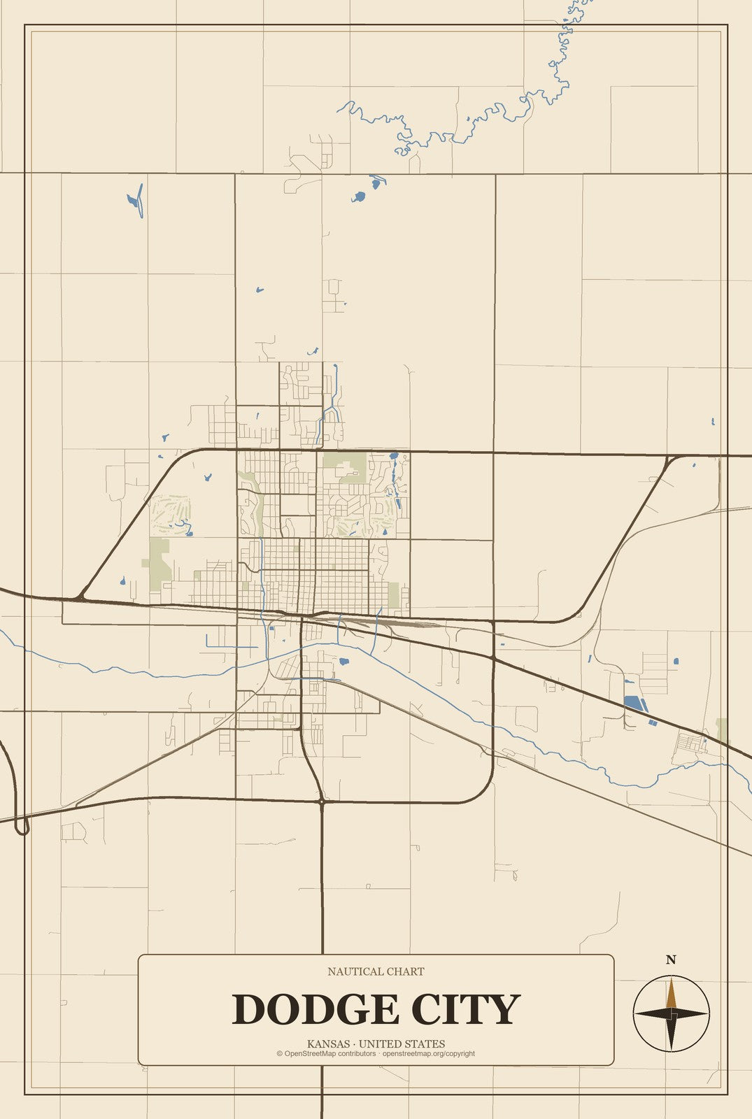 Dodge City, Kansas City Map Aluminum Sign in Heritage Nautical style