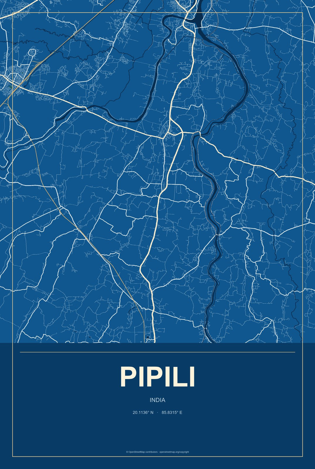 Pipili, India City Map Aluminum Sign in Harbor Cobalt style