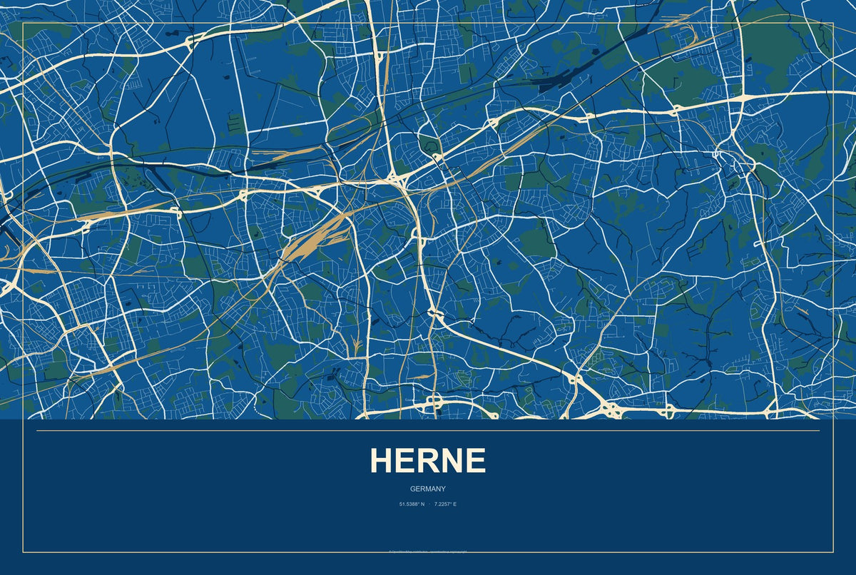Herne, Germany City Map Aluminum Sign in Harbor Cobalt style