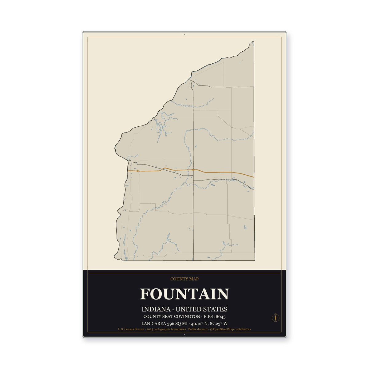 Fountain County, Indiana Map Aluminum Sign in Museum Plaque style