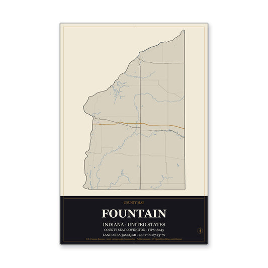 Fountain County, Indiana Map Aluminum Sign in Museum Plaque style
