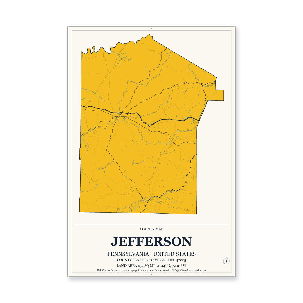 Jefferson County, Pennsylvania Map Aluminum Sign in Citrine Modern style