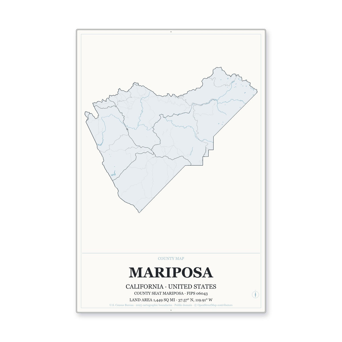 Mariposa County, California Map Aluminum Sign in Gallery Air style