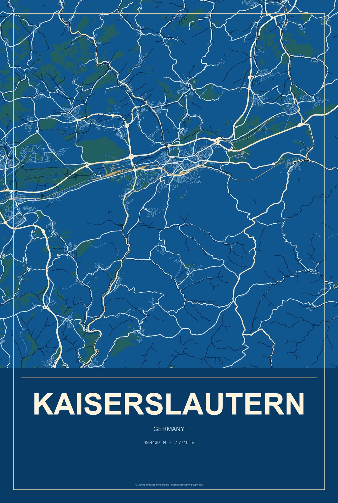 Kaiserslautern, Germany City Map Aluminum Sign in Harbor Cobalt style