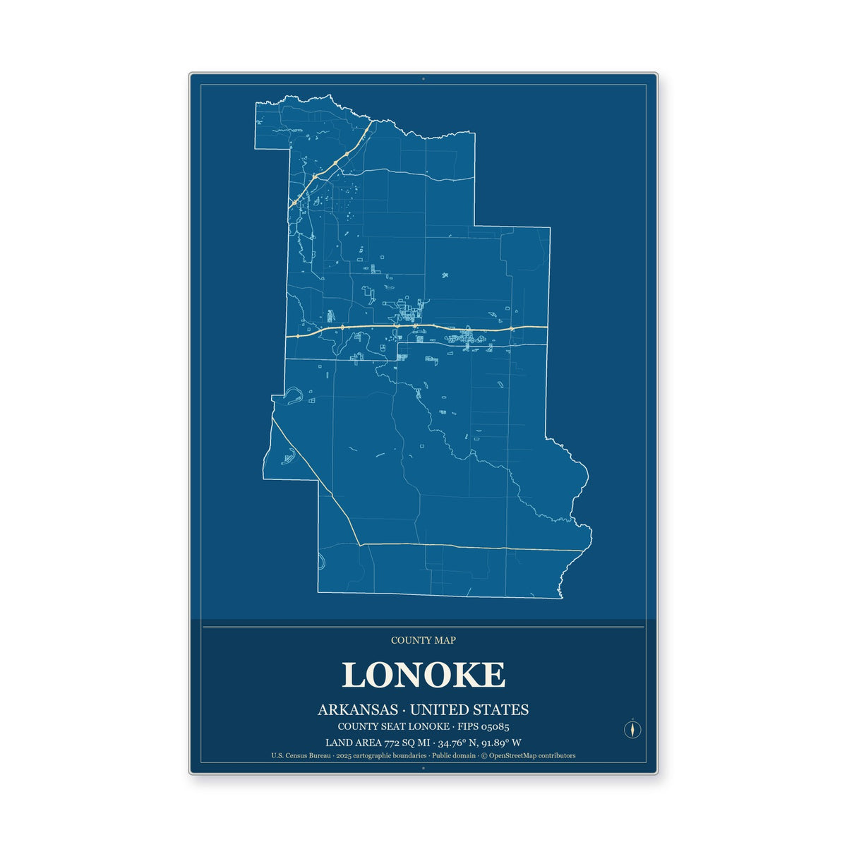 Lonoke County, Arkansas Map Aluminum Sign in Harbor Cobalt style