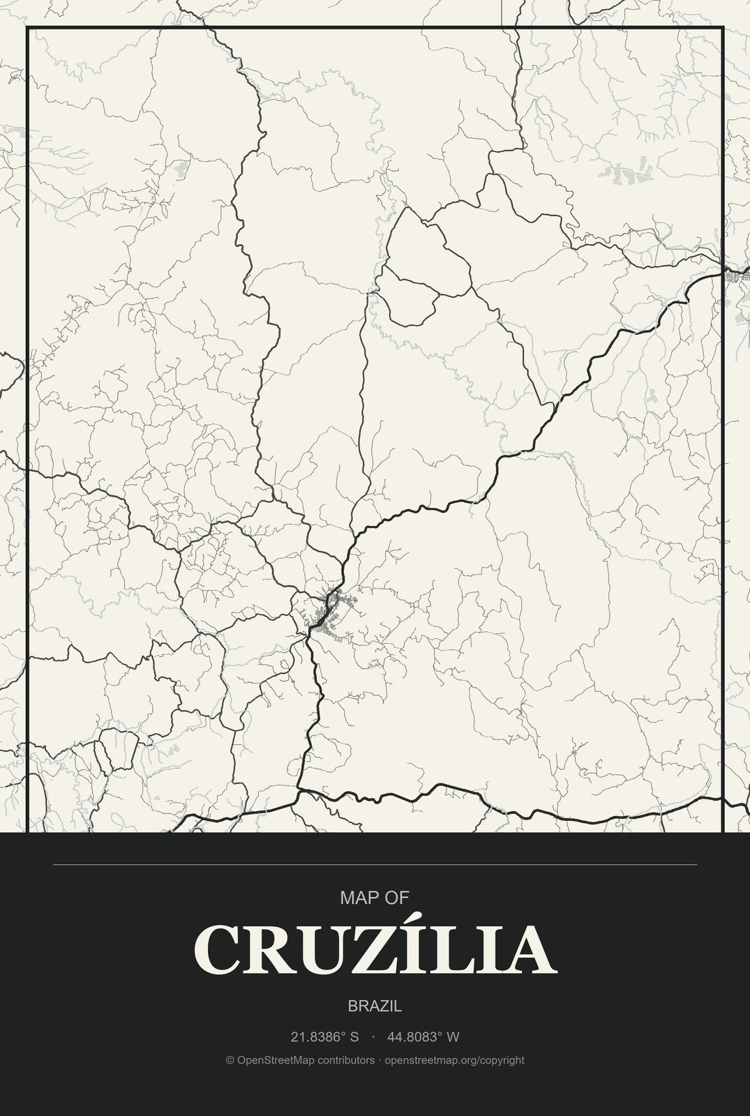 Cruzília, Brazil City Map Aluminum Sign in Museum Plaque style