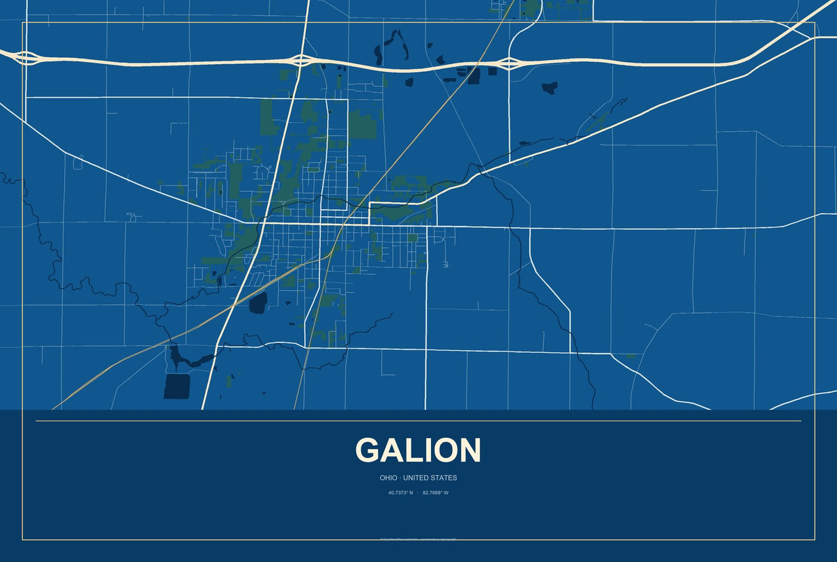 Galion, Ohio City Map Aluminum Sign in Harbor Cobalt style