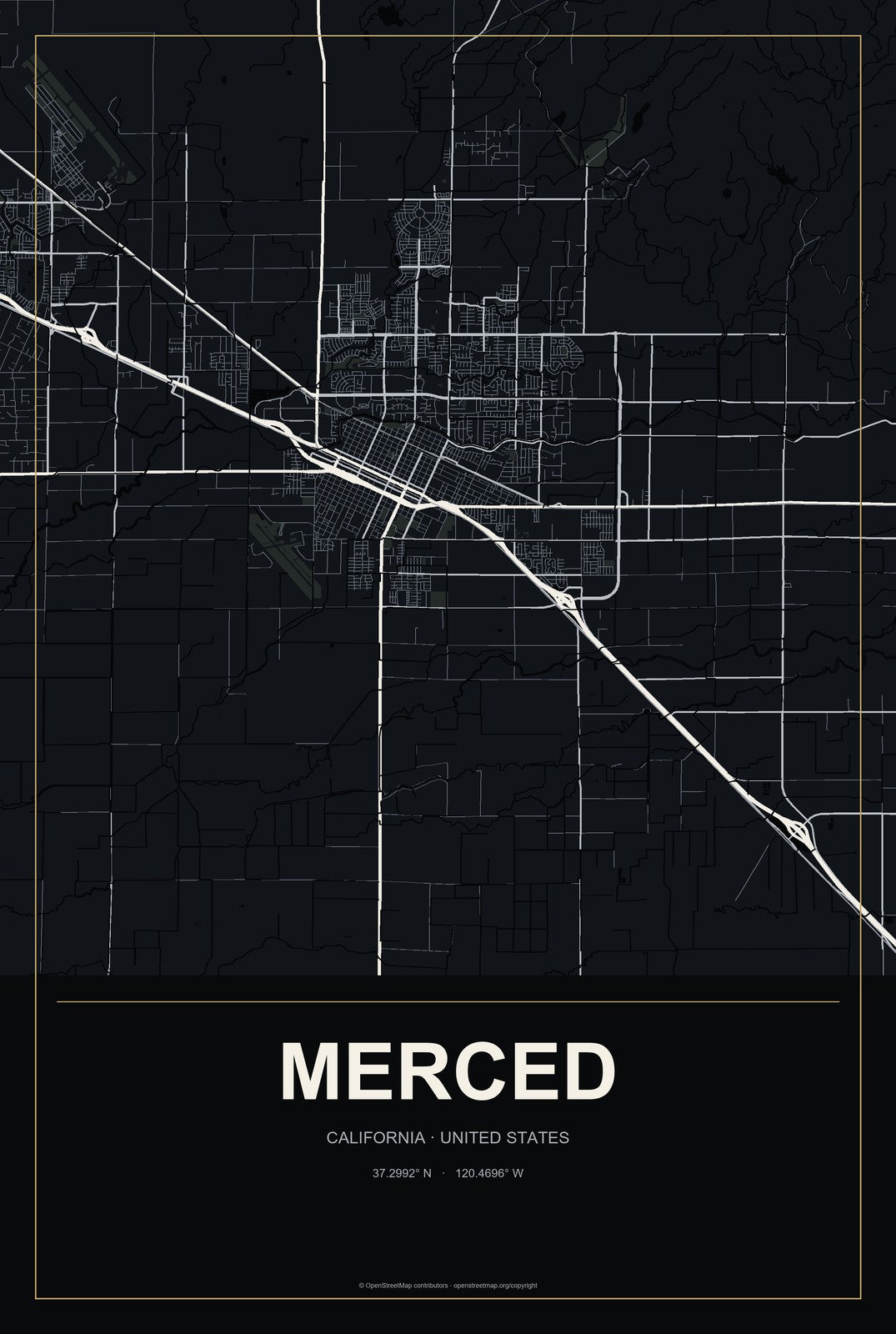 Merced, California City Map Aluminum Sign in Metropolitan Noir style