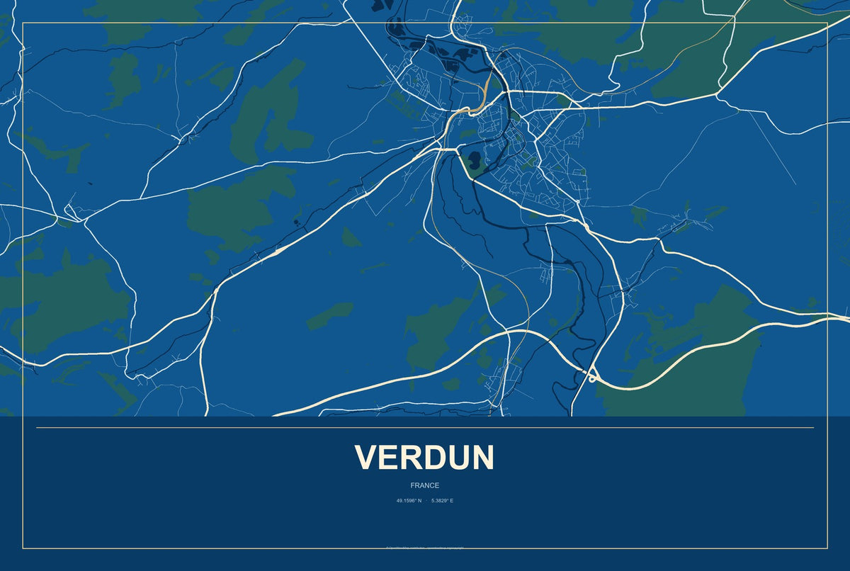 Verdun, France City Map Aluminum Sign in Harbor Cobalt style