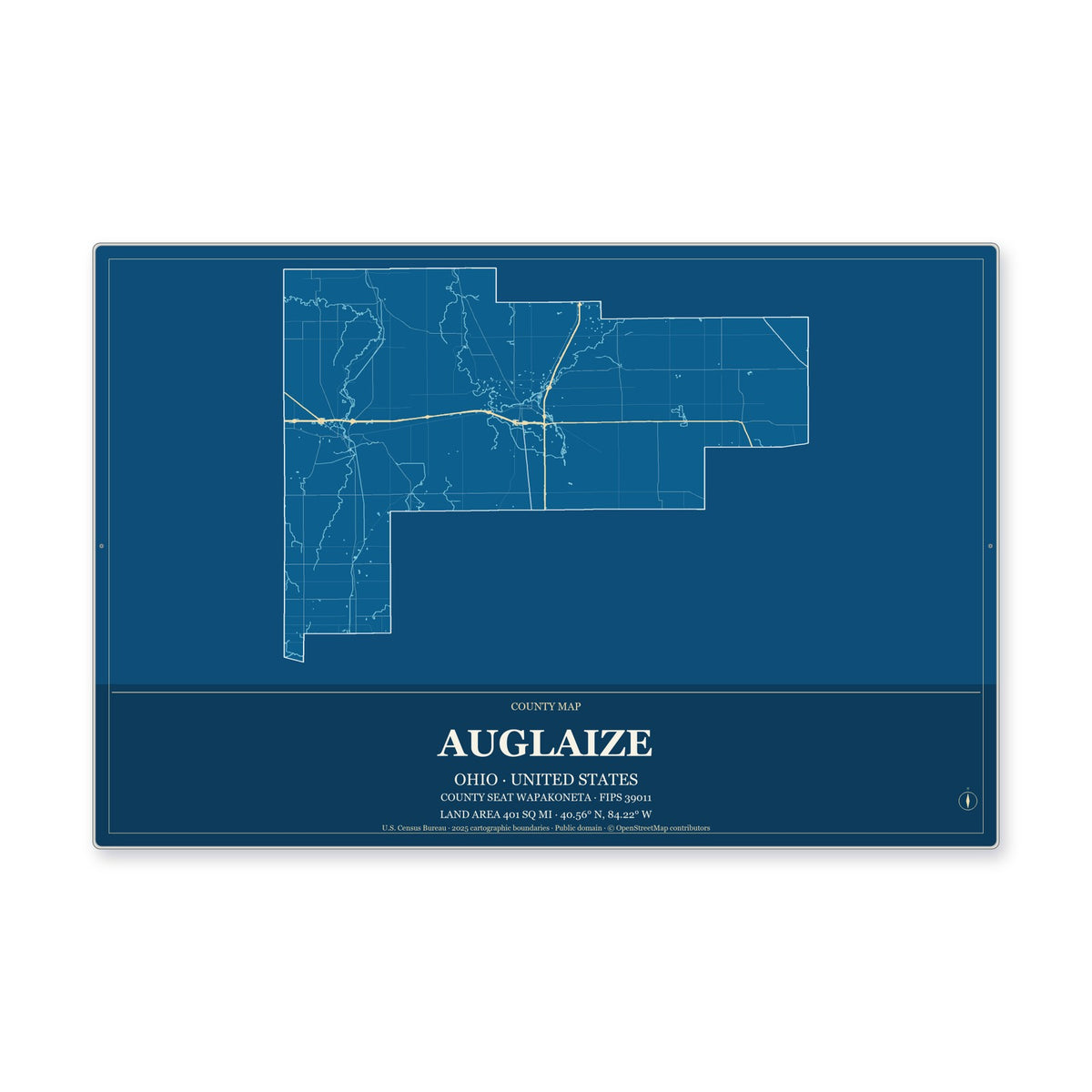 Auglaize County, Ohio Map Aluminum Sign in Harbor Cobalt style
