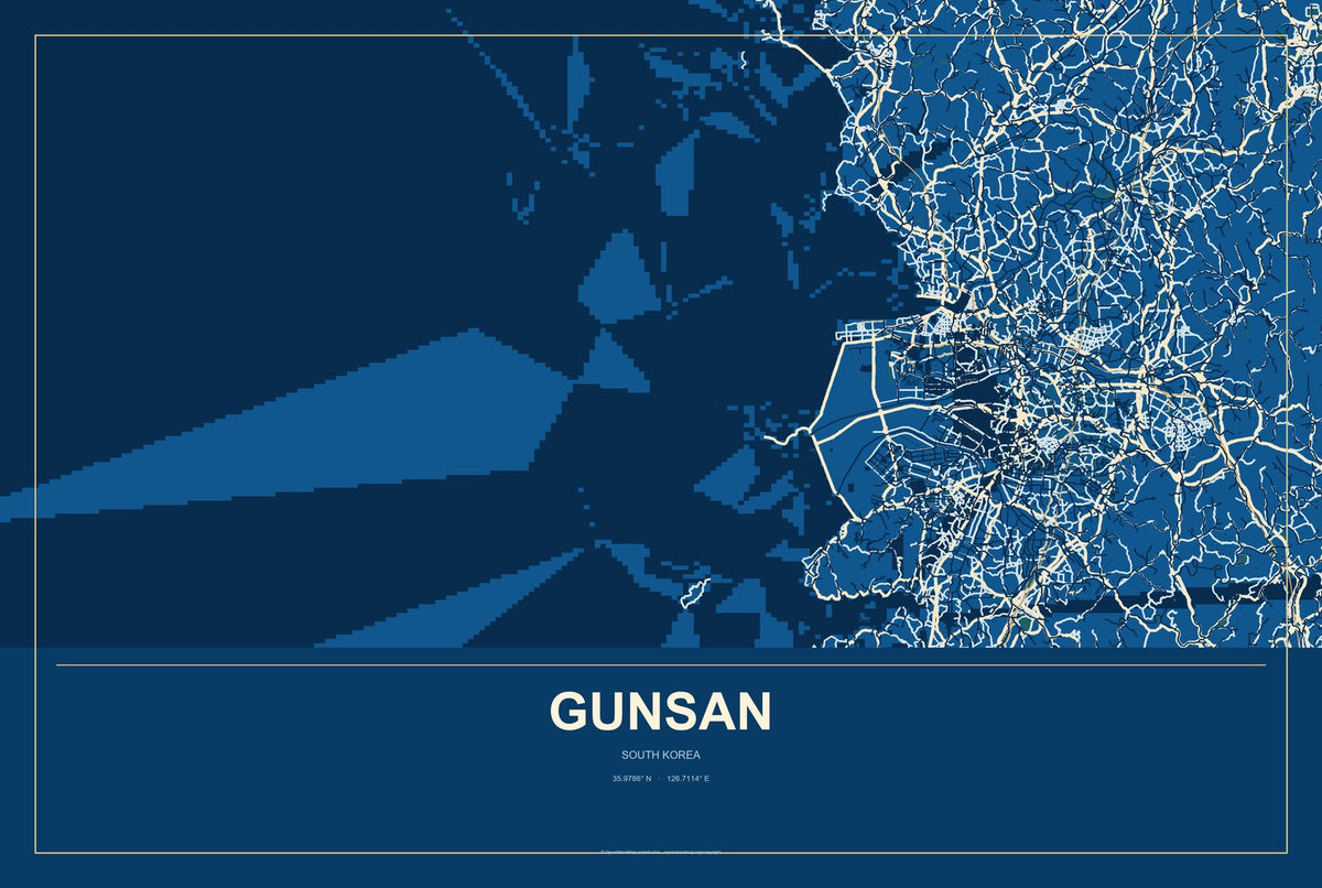 Gunsan, South Korea City Map Aluminum Sign in Harbor Cobalt style