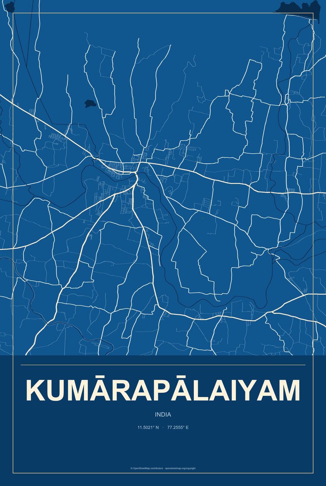 Kumārapālaiyam, India City Map Aluminum Sign in Harbor Cobalt style