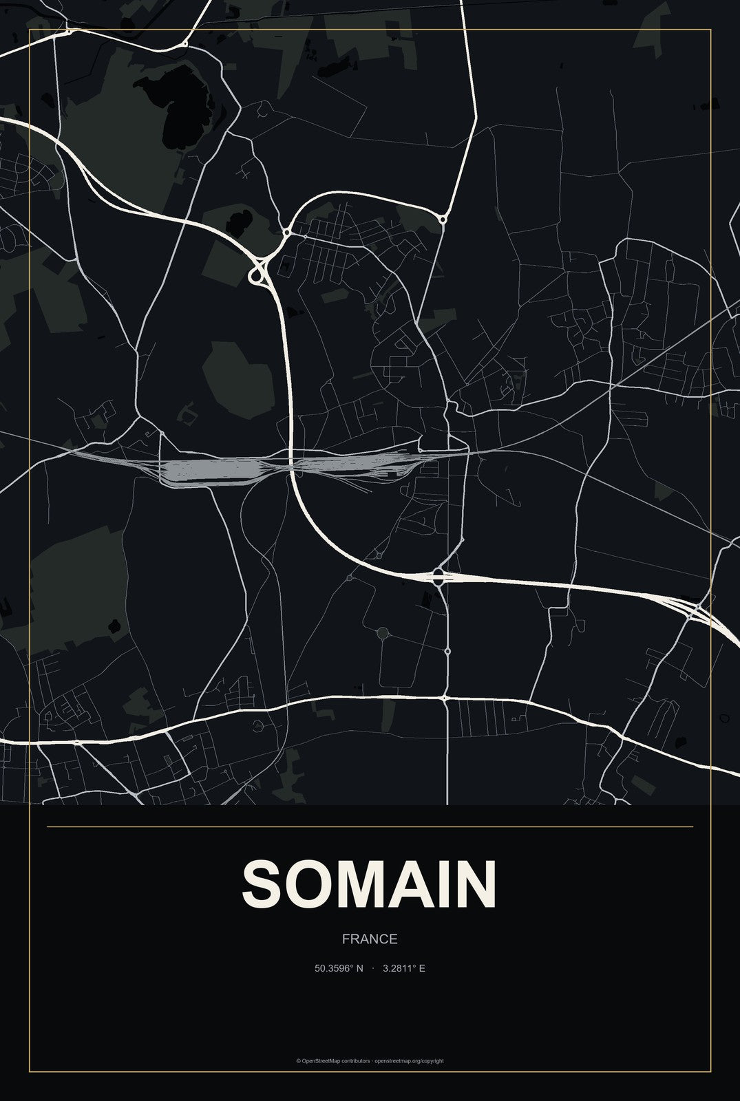 Somain, France City Map Aluminum Sign in Metropolitan Noir style