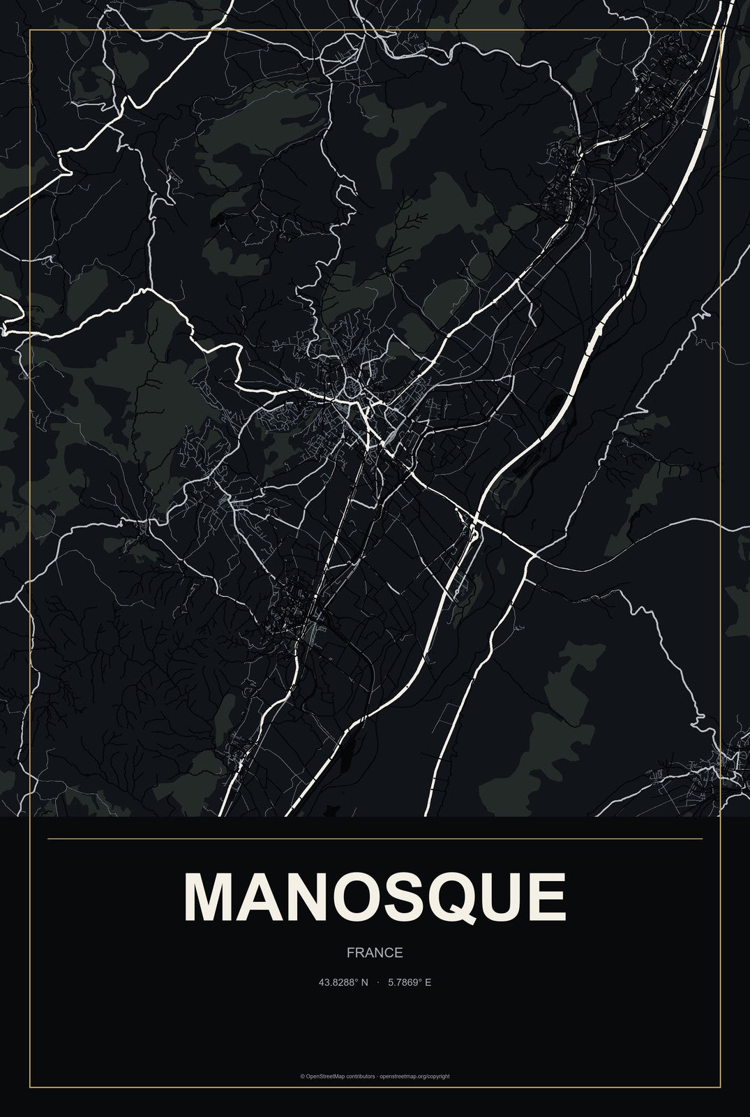 Manosque, France City Map Aluminum Sign in Metropolitan Noir style