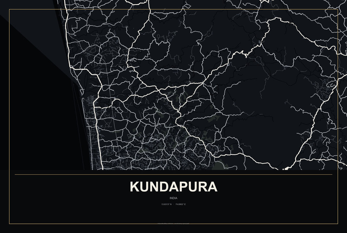 Kundapura, India City Map Aluminum Sign in Metropolitan Noir style