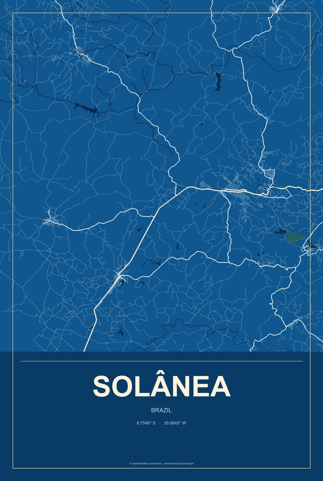 Solânea, Brazil City Map Aluminum Sign in Harbor Cobalt style