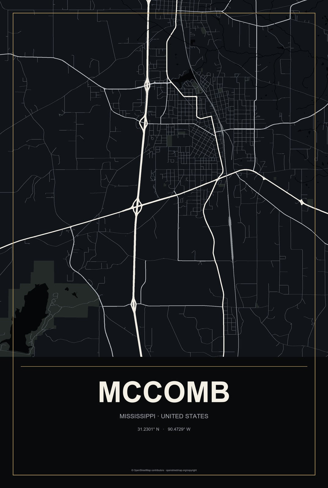 McComb, Mississippi City Map Aluminum Sign in Metropolitan Noir style