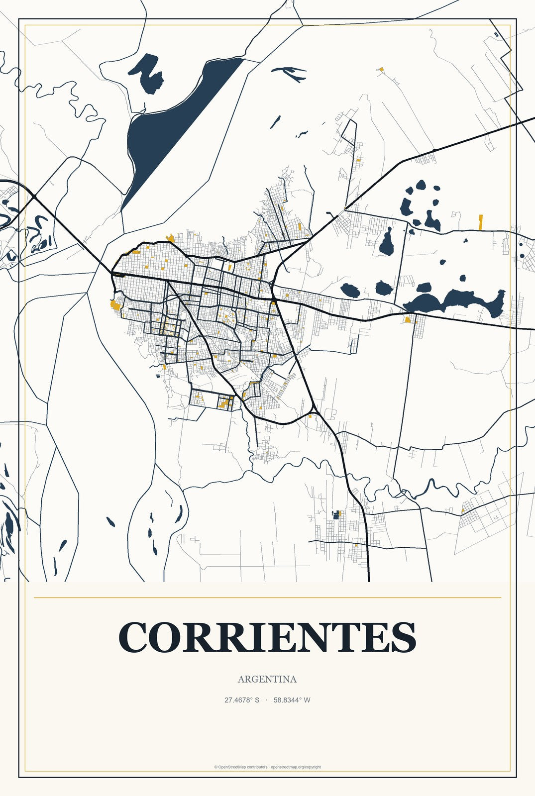 Corrientes, Argentina City Map Aluminum Sign in Citrine Modern style